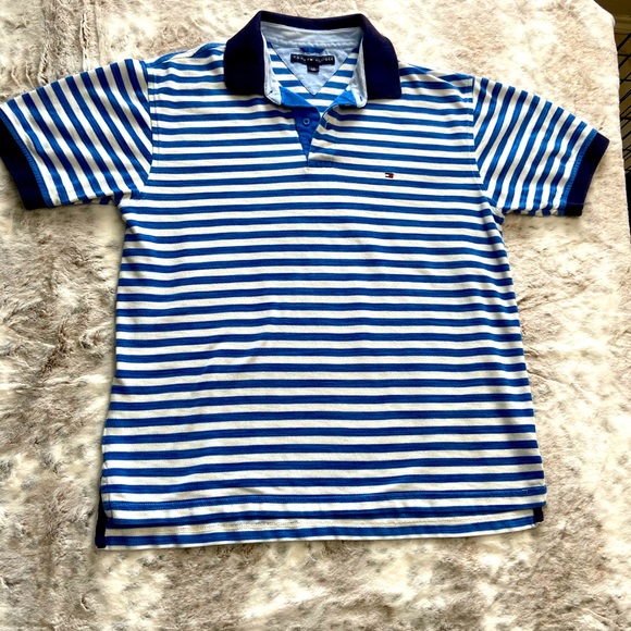 Retro Tommy Hilfiger Blue and White striped polo shirt - Picture 1 of 10